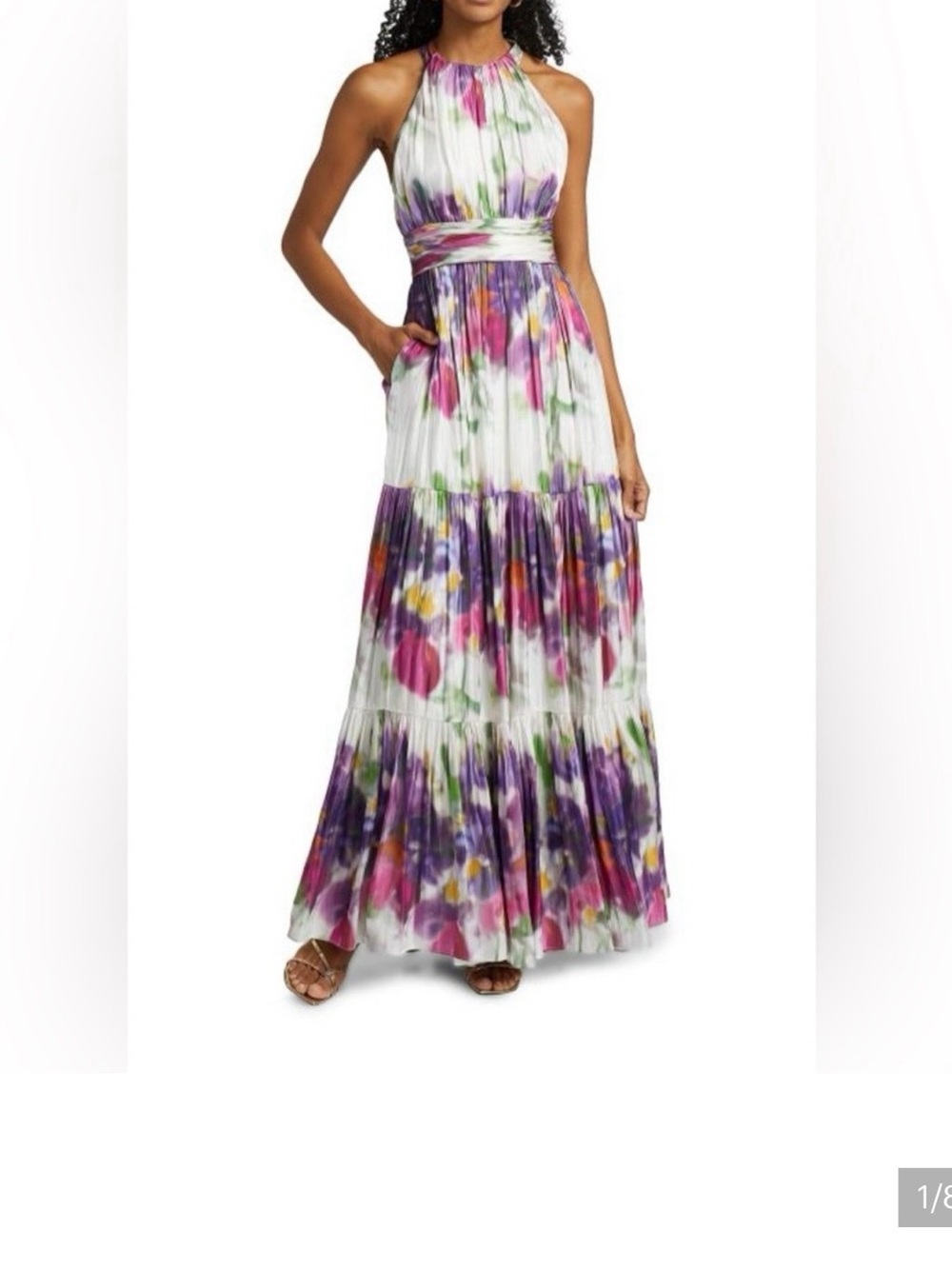 Watercolor Floral Halter Maxi Dress in Purple and Pink